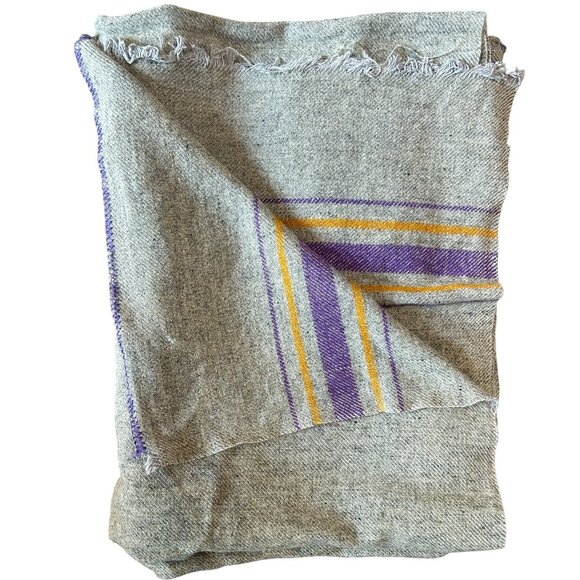 Vintage Gray Wool Blanket • Purple & Yellow Stripes • Rustic Cabin Cabincore - Picture 1 of 5